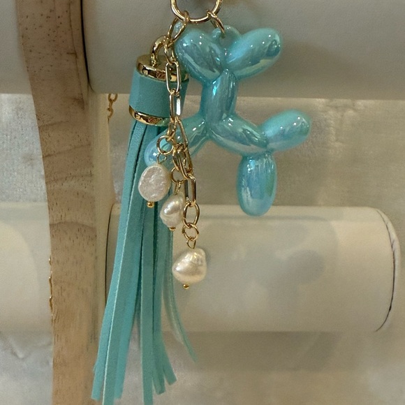 Aqua Balloon Dog Tassel Keychain with Faux Pearls & Gold Hardware –One of A Kind - Picture 2 of 9